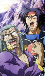 Rule 34 | 2boys, absurdres, black hair, clenched hand, crying, crying with eyes open, domon kasshu, facial hair, g gundam, grey hair, gundam, hair down, highres, long hair, manly, manly tears, master asia, multiple boys, mustache, official art, short hair, spoilers, tears