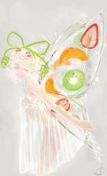 Rule 34 | 1girl, artist name, bad id, bad pixiv id, bare arms, closed eyes, commentary request, dress, facing viewer, fairy, food, from side, fruit, grey background, grin, hair ornament, hair ribbon, highres, ice, ice wings, kiwi (fruit), leaning forward, mandarin orange, mizutame tori, no bra, no panties, original, parted lips, pointy ears, ribbon, see-through, short hair, signature, simple background, sleeveless, sleeveless dress, smile, solo, standing, strawberry, teeth, transparent wings, white dress, white hair, wings