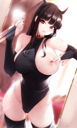 Rule 34 | 1girl, absurdres, akchu, bare shoulders, black leotard, black nails, black thighhighs, blunt bangs, breasts, bridal gauntlets, brown hair, camera flash, cellphone, chobi (akchu), contrapposto, covered collarbone, covering nipples, covering privates, eyelashes, gold trim, half-closed eyes, heart, heart-shaped pupils, highleg, highleg leotard, highres, hime cut, holding, holding phone, horns, large breasts, leotard, long hair, looking at viewer, mirror, nail polish, nipple slip, nipples, one breast out, original, phone, red eyes, reflection, selfie, skindentation, smile, solo, symbol-shaped pupils, thighhighs, thighs