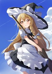 Rule 34 | 1girl, apron, black hat, black skirt, blonde hair, blue sky, bow, braid, broom, cloud, cowboy shot, hair bow, haru (konomi 150), hat, hat bow, highres, holding, holding broom, kirisame marisa, long hair, looking at viewer, open mouth, outdoors, side braid, single braid, skirt, sky, solo, standing, touhou, waist apron, white apron, white bow, witch hat, yellow eyes