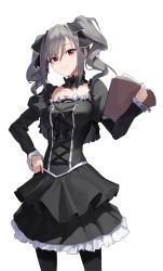Rule 34 | 1girl, absurdres, black dress, black pantyhose, black ribbon, book, closed mouth, commentary, cowboy shot, detached collar, dress, english commentary, frilled dress, frills, gothic lolita, grey hair, hair ribbon, hand on own hip, highres, holding, holding book, idolmaster, idolmaster cinderella girls, kanzaki ranko, lolita fashion, long hair, long sleeves, looking at viewer, mac star, pantyhose, petticoat, red eyes, ribbon, simple background, smile, solo, twintails, white background