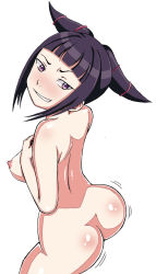 Rule 34 | 1girl, ass, ass shake, back, black hair, blush, breasts, drill hair, grin, han juri, nipples, nude, purple eyes, short hair, short twintails, smile, solo, street fighter, ttrop, twin drills, twintails, white background