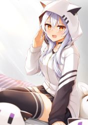 Rule 34 | 1girl, :d, absurdres, animal hood, azuma lim, bed, black skirt, black thighhighs, blush, breasts, brown eyes, chausson, cleavage, collarbone, cyber v, hair between eyes, hand on own face, highres, hood, hooded jacket, indie virtual youtuber, jacket, jewelry, long hair, long sleeves, looking at viewer, medium breasts, neck ring, open mouth, sidelocks, silver hair, sitting, skirt, sleeves past wrists, smile, solo, thighhighs, thighs, virtual youtuber, white background, white jacket, zettai ryouiki