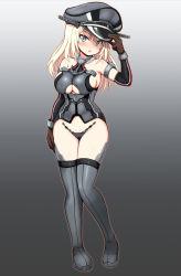 Rule 34 | 1girl, :o, adjusting clothes, adjusting headwear, anchor, arm at side, arm up, armlet, bismarck (kancolle), black footwear, blonde hair, blue eyes, blush, boots, breasts, brown gloves, clothing cutout, collar, collarbone, detached sleeves, frame arms girl, full body, gloves, gradient background, grey background, hair between eyes, hand on headwear, hat, head tilt, highres, hiraga daidai, kantai collection, long sleeves, looking at viewer, medium breasts, open mouth, peaked cap, sideboob, solo, standing, thigh boots, thighhighs, underboob, underboob cutout