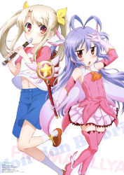 Rule 34 | 2girls, absurdres, alternate hairstyle, antenna hair, backpack, bag, blue hair, blush, boots, chestnut mouth, company connection, cosplay, costume switch, cross, crossover, fate/kaleid liner prisma illya, fate (series), flute, gloves, highres, hirata kazuya, holding flute, holding instrument, illyasviel von einzbern, instrument, legs, magical girl, magical ruby, miyauchi renge, miyauchi renge (cosplay), multiple girls, non-web source, non non biyori, nyantype, official art, prisma illya, prisma illya (cosplay), raglan sleeves, randoseru, recorder, red eyes, season connection, shorts, silver link, simple background, thigh boots, thighhighs, twintails, two side up, v, zettai ryouiki