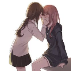 Rule 34 | 2girls, blush, brown hair, closed eyes, hand on another&#039;s cheek, hand on another&#039;s face, hood, hoodie, imminent kiss, inuko (ink0425), long hair, low ponytail, miniskirt, multiple girls, original, profile, red hair, shirt, sitting, skirt, standing, yuri