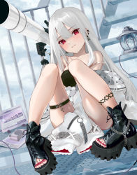 Rule 34 | 1girl, anklet, astronomy, bare shoulders, belt, black footwear, blush, boots, chain, clock, closed mouth, cloud, digital clock, earrings, grey belt, highres, ito lab, jewelry, lantern, legs, long hair, looking at viewer, magazine (object), nail polish, original, red eyes, red nails, screen, shirt, solo, stairs, telescope, thigh strap, thighs, toeless footwear, toenail polish, toenails, toes, white hair, white shirt