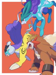 Rule 34 | absurdres, border, claws, creatures (company), entei, fangs, from side, game freak, gen 2 pokemon, gogot, highres, legendary pokemon, nintendo, no humans, open mouth, pokemon, pokemon (creature), raikou, red eyes, standing, suicune, tongue, tusks, white border