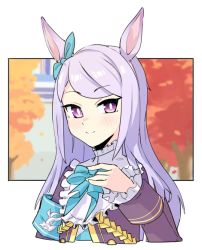 Rule 34 | 1girl, animal ears, armband, ayuuuuuu, black coat, blurry, blurry background, blush, bow, bowtie, closed mouth, coat, cropped torso, ear bow, green bow, green bowtie, hand up, horse ears, looking at viewer, mejiro mcqueen (umamusume), purple hair, purple shirt, shirt, smile, solo, tree, umamusume, upper body