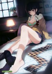 Rule 34 | 1girl, 40hara, absurdres, artist name, bare legs, barefoot, bed, bed sheet, bedroom, black pantyhose, blue skirt, blush, book, bow, bowtie, bra, breasts, brown cardigan, cardigan, cleavage, clothes pull, collared shirt, curtains, desk lamp, doll, feet, feet out of frame, folder, foreshortening, fringe trim, green bra, green panties, highres, indoors, knees up, lamp, legs, lens flare, light, long hair, long sleeves, looking at viewer, medium breasts, melonbooks, miniskirt, off shoulder, on bed, open cardigan, open clothes, panties, pantyhose, pantyhose around one leg, pantyhose pull, pantyshot, paper, parted lips, pen, pink eyes, plaid, plaid scarf, pleated skirt, ponytail, purple bow, purple bowtie, purple hair, scarf, unworn scarf, school uniform, shirt, sitting, skirt, sleeves past wrists, snowing, solo, toes, unbuttoned, underwear, upskirt, white shirt, window, wing collar, winter