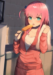 Rule 34 | 1girl, absurdres, blush, bocchi the rock!, breasts, cleavage, collarbone, commentary, cowboy shot, cube hair ornament, gotoh hitori, green eyes, hair between eyes, hair ornament, hands up, highres, holding, holding food, holding ice cream, holding towel, ice cream, indoors, jacket, long hair, long sleeves, looking at viewer, medium breasts, one side up, open mouth, partially unzipped, pink hair, pinponpaaru, red jacket, shirt, solo, standing, sweat, towel, track suit, white shirt
