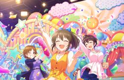 Rule 34 | 10s, 3girls, ahoge, belt, blush, bracelet, breasts, brown eyes, brown hair, cleavage, clenched hand, closed eyes, confetti, dress, earrings, everyone, feet, grin, hand fan, happy, holding, hori yuuko, idolmaster, idolmaster cinderella girls, idolmaster cinderella girls starlight stage, jewelry, katagiri sanae, large breasts, long hair, low twintails, multiple girls, official art, oikawa shizuku, one eye closed, open mouth, ponytail, sandals, shirt, short hair, short twintails, smile, toes, twintails, white shirt