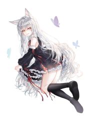 Rule 34 | 1girl, 414 (hncx3355), :d, animal ears, detached sleeves, dress, fox ears, frilled dress, frills, full body, highres, long hair, looking at viewer, looking back, no panties, open mouth, original, short dress, simple background, skirt hold, smile, very long hair, watarai alice, white background, white hair, yellow eyes