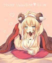 Rule 34 | 1girl, ahoge, animal ears, blanket, blonde hair, blue eyes, blush, breasts, candy, chocolate, chocolate heart, cleavage, dated, food, garuta (yamucha), happy valentine, heart, large breasts, long hair, looking at viewer, lying, mouth hold, on stomach, original, pillow, solo, valentine, yamucha