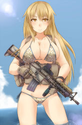 Rule 34 | 1girl, assault rifle, ayyh, bad id, bad pixiv id, bikini, blonde hair, breasts, cameltoe, cleavage, eotech, gloves, gun, highres, holding, holding gun, holding weapon, huge breasts, laser sight, load bearing vest, looking at viewer, m4 carbine, military, original, rifle, shiny skin, side-tie bikini bottom, skindentation, solo, standing, swimsuit, trigger discipline, vertical forward grip, wading, weapon, yellow eyes