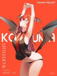 Rule 34 | 1girl, absurdres, ahoge, alternate costume, armpits, arms up, artist name, ass, black collar, black panties, black tank top, black wings, blush, breasts, character name, closed eyes, closed mouth, collar, commentary, copyright name, cowboy shot, demon girl, demon wings, detached collar, hair between eyes, head wings, highres, koakuma, leaning forward, long hair, low wings, medium breasts, navel, necktie, own hands together, panties, red background, red hair, red necktie, signature, solo, stomach, stretching, tank top, thighs, touhou, underwear, wing collar, wings, ycl 090