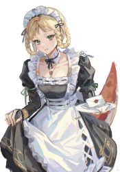 Rule 34 | 1girl, apron, black bow, black bowtie, black dress, black ribbon, blonde hair, blush, bow, bowtie, braid, braided hair rings, breasts, cigma, cowboy shot, cross-laced clothes, detached collar, dress, elden ring, envelope, frilled apron, frilled sleeves, frills, green eyes, green ribbon, hair ribbon, hair rings, highres, holding, holding plate, jewelry, layered sleeves, lizard tail, long sleeves, looking at viewer, maid apron, maid headdress, mole, mole under mouth, necklace, pendant, plate, puffy short sleeves, puffy sleeves, ribbon, ribbon trim, rya (elden ring), short over long sleeves, short sleeves, simple background, skirt hold, solo, tail, twin braids, updo, waist apron, white apron, white background