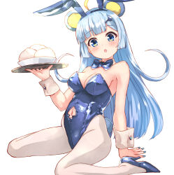 Rule 34 | 1girl, :o, absurdres, animal ears, arm support, baozi, blue bow, blue bowtie, blue eyes, blue footwear, blue hair, blue hairband, blue nails, blue theme, blush, bow, bowtie, breasts, cleavage, clothing cutout, fake animal ears, food, grey pantyhose, groin, hair ornament, hairband, hairclip, head tilt, high heels, highres, holding, holding tray, leotard, long hair, looking at viewer, medium breasts, nail polish, navel, navel cutout, nyama, pantyhose, parted lips, playboy bunny, rabbit ears, rabbit tail, shoes, show by rock!!, simple background, sitting, solo, spade cutout, spade hair ornament, strapless, strapless leotard, tail, tray, tsukino (show by rock!!), very long hair, wariza, white background, wrist cuffs