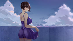 Rule 34 | 10s, 1girl, alternate costume, ass, back, bad id, bad pixiv id, bare shoulders, blue dress, blush, breasts, brown eyes, brown hair, clothes lift, commentary request, dress, dress lift, from behind, kaga (kancolle), kantai collection, large breasts, looking at viewer, looking back, md5 mismatch, open mouth, sanku, side ponytail, sleeveless, sleeveless dress, solo
