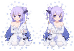 Rule 34 | 2girls, :t, ahoge, azur lane, bare shoulders, blush, breasts, cleavage, clone, collarbone, covered erect nipples, detached sleeves, hugging doll, dress, hair bun, hair ribbon, leng (lengsiren), long hair, looking at viewer, medium breasts, multiple girls, multiple views, hugging object, off-shoulder dress, off shoulder, one side up, pantyhose, parted lips, pout, purple eyes, ribbon, see-through, seiza, single hair bun, sitting, star (symbol), starry background, stuffed animal, stuffed toy, stuffed winged unicorn, unicorn (azur lane), white dress, white legwear