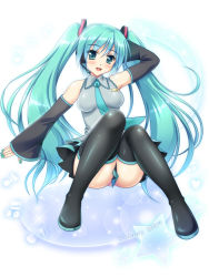 Rule 34 | 1girl, boots, character name, detached sleeves, green eyes, green hair, hatsune miku, headset, long hair, matching hair/eyes, musical note, necktie, no panties, open mouth, sitting, skirt, solo, sorairo tsukiiro, star (symbol), thigh boots, thighhighs, twintails, very long hair, vocaloid
