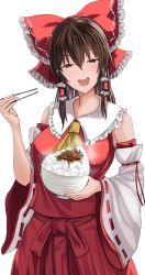Rule 34 | 1girl, :d, ascot, bare shoulders, bow, chopsticks, commentary request, cowboy shot, detached sleeves, female focus, frills, hair between eyes, hair bow, hakurei reimu, highres, holding, holding chopsticks, koujouchou, looking at viewer, open mouth, red bow, simple background, smile, solo, touhou, white background, yellow ascot