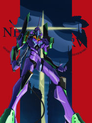Rule 34 | absurdres, artofwill, building, cable, city, cross, eva 01, evangelion (mecha), from below, highres, holding, holding knife, holding weapon, horns, knife, looking up, neon genesis evangelion, nerv, night, no humans, open hand, robot, science fiction, single horn, solo, standing, weapon, yellow eyes