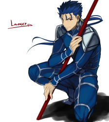 Rule 34 | 1boy, armor, beads, blue hair, bodysuit, closed mouth, cu chulainn (fate), earrings, fate/stay night, fate (series), floating hair, gae bolg (fate), grin, hair beads, hair ornament, holding, holding polearm, holding weapon, jam8686, jewelry, cu chulainn (fate/stay night), long hair, male focus, pauldrons, polearm, ponytail, red eyes, shoulder armor, simple background, skin tight, smile, solo, spiked hair, squatting, type-moon, weapon, white background
