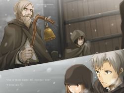 Rule 34 | 1girl, ayakura juu, beard, bell, black hair, brown eyes, brown hair, cape, character name, craft lawrence, door, facial hair, highres, holding, holding staff, holo, hood, hooded, huskins (spice and wolf), mustache, novel illustration, official art, outdoors, parted lips, red eyes, silver hair, snowing, spice and wolf, staff