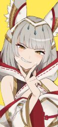 Rule 34 | 1girl, animal ear fluff, animal ears, bare shoulders, cat ears, commentary request, fingers to cheek, grey hair, highres, medium hair, nia (xenoblade), pointy ears, robe, simple background, slit pupils, smile, solo, teeth, umotomochi, upper body, white robe, xenoblade chronicles (series), xenoblade chronicles 3, yellow background, yellow eyes