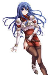 Rule 34 | 1girl, armor, belt, blue eyes, blue hair, blush, boots, bracelet, breastplate, brown thighhighs, caeda (fire emblem), elbow gloves, fingerless gloves, fire emblem, fire emblem: mystery of the emblem, fire emblem heroes, full body, gloves, highres, jewelry, long hair, looking at viewer, matching hair/eyes, nintendo, pegasus knight uniform (fire emblem), polearm, side slit, smile, solo, tamamon, thighhighs, weapon, zettai ryouiki