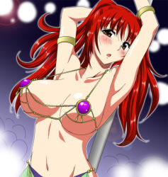 Rule 34 | 1girl, armband, armpits, bad id, bad pixiv id, bikini, blush, breasts, brown eyes, dead or alive, dead or alive xtreme, kousaka tamaki, large breasts, long hair, marugoshi teppei, navel, open mouth, pole, pole dancing, red hair, solo, stripper, stripper pole, swimsuit, to heart (series), to heart 2, twintails, venus bikini