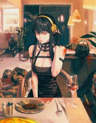 Rule 34 | 1girl, 5boys, artist name, bare shoulders, black dress, black hair, blood, blood splatter, breasts, chair, cleavage, closed mouth, corpse, cup, dated, death, dress, drinking glass, food, fork, formal, glass, hand up, indoors, knife, large breasts, lights, looking at viewer, lying, multiple boys, on side, plate, red eyes, sitting, sliding doors, spy x family, suit, table, twitter username, wengwengchim, yor briar