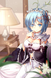 Rule 34 | 10s, 1girl, apron, apron lift, bare shoulders, bedroom, black dress, blue eyes, blue hair, blurry, breasts, checkered floor, cleavage cutout, clothes lift, clothing cutout, depth of field, detached sleeves, dress, flower, frilled sleeves, frills, hair ornament, hair over one eye, hair ribbon, highres, indoors, lamp, lens flare, light particles, light smile, lips, looking at viewer, maid, maid headdress, medium breasts, on bed, ootsuki momiji, pink ribbon, portrait (object), re:zero kara hajimeru isekai seikatsu, rem (re:zero), revision, ribbon, short hair, sitting, smile, solo, table, thighhighs, thighs, waist apron, white thighhighs, wide sleeves, x hair ornament