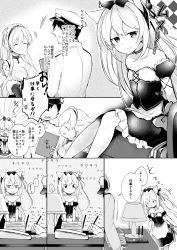 Rule 34 | &gt;:), +++, ..., 1boy, 2girls, :d, ^ ^, animal ears, apron, azur lane, belfast (azur lane), blush, bow, braid, breasts, cat ears, cat hair ornament, cleavage, closed eyes, closed mouth, collarbone, comic, commander (azur lane), commentary request, desk lamp, detached sleeves, dress, faceless, faceless male, gatakenjin, greyscale, hair between eyes, hair bow, hair ornament, hair ribbon, hammann (azur lane), hat, highres, jacket, lamp, large breasts, long hair, maid, maid headdress, military hat, military jacket, monochrome, multiple girls, nose blush, open mouth, paper stack, peaked cap, puffy short sleeves, puffy sleeves, ribbon, short sleeves, sitting, smile, spoken ellipsis, standing, strapless, strapless dress, translation request, trembling, v-shaped eyebrows, very long hair, waist apron