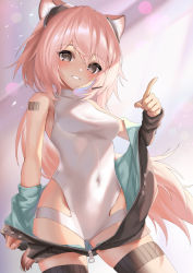 Rule 34 | 1girl, :d, animal ear fluff, animal ears, arknights, barcode, barcode tattoo, bare shoulders, black jacket, black thighhighs, breasts, bright pupils, brown eyes, covered navel, cowboy shot, ehart, gravel (arknights), grin, index finger raised, jacket, lens flare, leotard, long hair, long sleeves, looking at viewer, low ponytail, off shoulder, open clothes, open jacket, open mouth, parted lips, pink hair, shoulder tattoo, small breasts, smile, solo, tattoo, thighhighs, unzipped, very long hair, white leotard, zipper pull tab