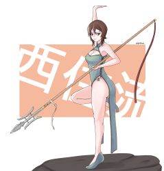 Rule 34 | 1girl, arm up, text background, bluff260, brown eyes, brown hair, china dress, chinese clothes, cleavage cutout, closed mouth, clothing cutout, commentary, dress, fighting stance, flats, full body, girls und panzer, green dress, green footwear, halterneck, highres, holding, holding polearm, holding spear, holding weapon, leg up, looking at viewer, medium hair, nishizumi maho, panties, pelvic curtain, polearm, short hair, side-tie panties, side slit, smile, solo, spear, standing, standing on one leg, thighs, twitter username, underwear, weapon