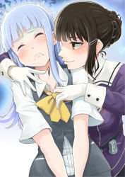 Rule 34 | 10s, 2girls, belt, blouse, blue hair, blush, brown eyes, brown hair, buttons, closed eyes, gloves, hair bun, hair ornament, hairclip, hatsukaze (kancolle), kantai collection, long hair, long sleeves, looking to the side, multiple girls, myoukou (kancolle), remodel (kantai collection), ribbon, school uniform, shirt, short hair, short sleeves, single hair bun, tatoon, tears, turret, v arms, vest, white shirt, yellow ribbon, yuri