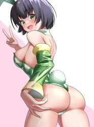 Rule 34 | 1girl, artist request, ass, black hair, blush, breasts, collar, green eyes, highres, kyoumachi seika, looking at viewer, looking back, medium breasts, open mouth, rabbit ears, rabbit tail, short hair, sideboob, v, voiceroid