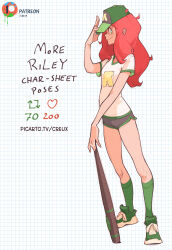 Rule 34 | 1girl, baseball bat, baseball cap, breasts, closed mouth, commentary, creux, dolphin shorts, english commentary, english text, full body, green eyes, green socks, hat, highres, long hair, looking at viewer, medium breasts, original, patreon logo, patreon username, red hair, riley (creux), shorts, smile, socks, solo, splatball (creux), standing