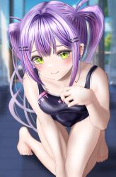 Rule 34 | 1girl, absurdres, bare shoulders, highres, hololive, long hair, looking at viewer, purple hair, smile, solo, swimsuit, tokoyami towa, twintails, virtual youtuber, wakaunderblade7
