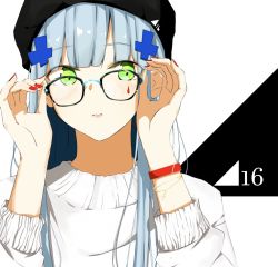 Rule 34 | 1girl, adjusting eyewear, bad id, bad twitter id, beanie, blunt bangs, blush, bracelet, breasts, casual, facial mark, girls&#039; frontline, glasses, green eyes, hair ornament, hat, highres, hk416 (girls&#039; frontline), ichiki 1, jewelry, long hair, looking at viewer, medium breasts, nail polish, parted lips, red nails, sidelocks, silver hair, solo, sweater, teardrop, very long hair, white sweater, wristband