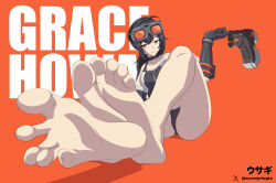 1girl barefoot black_hair conejologia feet flexible_toes goggles goggles_on_head grace_howard highres long_hair looking_at_viewer orange_eyes shoes single_shoe soles toes unworn_shoes zenless_zone_zero