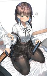 1boy, 1girl, absurdres, arm grab, bangs, bed, bed sheet, black legwear, black pants, black skirt, blush, braid, breasts, brown hair, checkered, checkered skirt, commentary request, embarrassed, grey eyes, grey ribbon, grey skirt, hair ornament, hairclip, handheld game console, highres, holding, holding handheld game console, long sleeves, looking at another, medium breasts, medium hair, neck ribbon, nintendo switch, off shoulder, on bed, original, pants, pantyhose, parted bangs, pillow, playing games, pleated shirt, pout, ranf, ribbon, school uniform, seiza, shiny, shiny hair, shirt, sidelocks, sitting, skirt, solo focus, speech bubble, suspender skirt, suspenders, teardrop, thighs, wall, white shirt