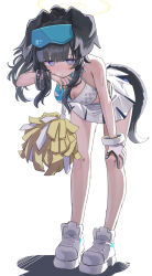 Rule 34 | 1girl, animal ears, bare shoulders, bent over, black hair, blue archive, blue eyes, blue skirt, blunt bangs, bracelet, breasts, cheerleader, cleavage, dog ears, dog girl, dog tail, eyewear on head, full body, halo, hand on own knee, hibiki (blue archive), hibiki (cheer squad) (blue archive), highres, jewelry, legs, long hair, looking at viewer, medium breasts, midriff, millennium cheerleader outfit (blue archive), namaonpa, pom pom (cheerleading), shadow, shoes, simple background, skirt, sneakers, solo, standing, sunglasses, sweat, tail, two-tone skirt, white background, white footwear, white skirt