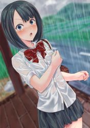 Rule 34 | 1girl, bad id, bad pixiv id, bag, black hair, blue eyes, blush, covering privates, covering breasts, kumatsugawa, looking at viewer, nose blush, open mouth, original, outdoors, rain, school uniform, see-through, shirt, shoulder bag, solo, wet, wet clothes, wet shirt