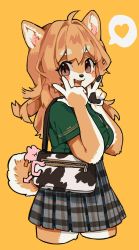 Rule 34 | 1girl, :3, :d, ahoge, animal ear fluff, animal ears, animal nose, bag, blonde hair, body fur, breasts, brown eyes, button gap, cropped legs, dog ears, dog girl, dog tail, from side, furry, furry female, green shirt, hair between eyes, hands up, heart, highres, large breasts, long hair, looking at viewer, open mouth, orange background, original, plaid, plaid skirt, pleated skirt, print bag, rye-beer, sharp teeth, shirt, short sleeves, shoulder bag, simple background, skirt, smile, solo, speech bubble, spoken heart, tail, taut clothes, taut shirt, teeth, thick eyebrows, thighs, upper teeth only, zipper, zipper pull tab
