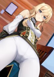 Rule 34 | 1girl, absurdres, bare shoulders, belt, blonde hair, blue eyes, blush, breasts, chair, crotch focus, detached sleeves, genshin impact, highres, jean (genshin impact), large breasts, leaning back, long hair, long sleeves, looking at viewer, mr.blackcat666, on table, pants, parted lips, ponytail, sitting, solo, table, tight clothes, tight pants, underbust, white pants
