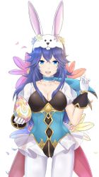 Rule 34 | 1girl, animal ears, arcedo, blue hair, breasts, cleavage, detached collar, fake animal ears, fire emblem, fire emblem awakening, fire emblem heroes, gloves, hair ornament, highres, leotard, long hair, looking at viewer, lucina (fire emblem), lucina (spring) (fire emblem), nintendo, official alternate costume, pantyhose, playboy bunny, rabbit ears, rabbit tail, simple background, solo, strapless, strapless leotard, tail, tiara, wrist cuffs