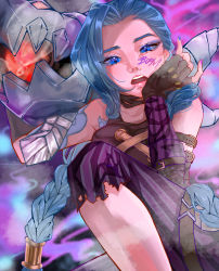 Rule 34 | 1girl, absurdres, arcane: league of legends, arcane jinx, arm tattoo, asymmetrical bangs, bare shoulders, belt, blue hair, braid, breasts, brown belt, brown gloves, cloud tattoo, collarbone, fingerless gloves, gloves, highres, jinx (league of legends), ka-gei, knee up, league of legends, long hair, looking at viewer, pants, rocket launcher, shoulder tattoo, solo, striped clothes, striped pants, tattoo, teeth, twin braids, upper teeth only, weapon